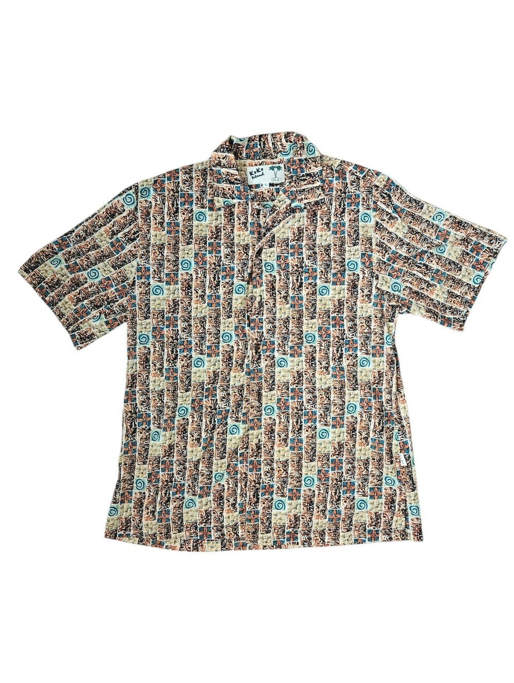 KOKO ISLAND Vintage Classic Hawaiian Tiki Block Print Shirt | SZ L